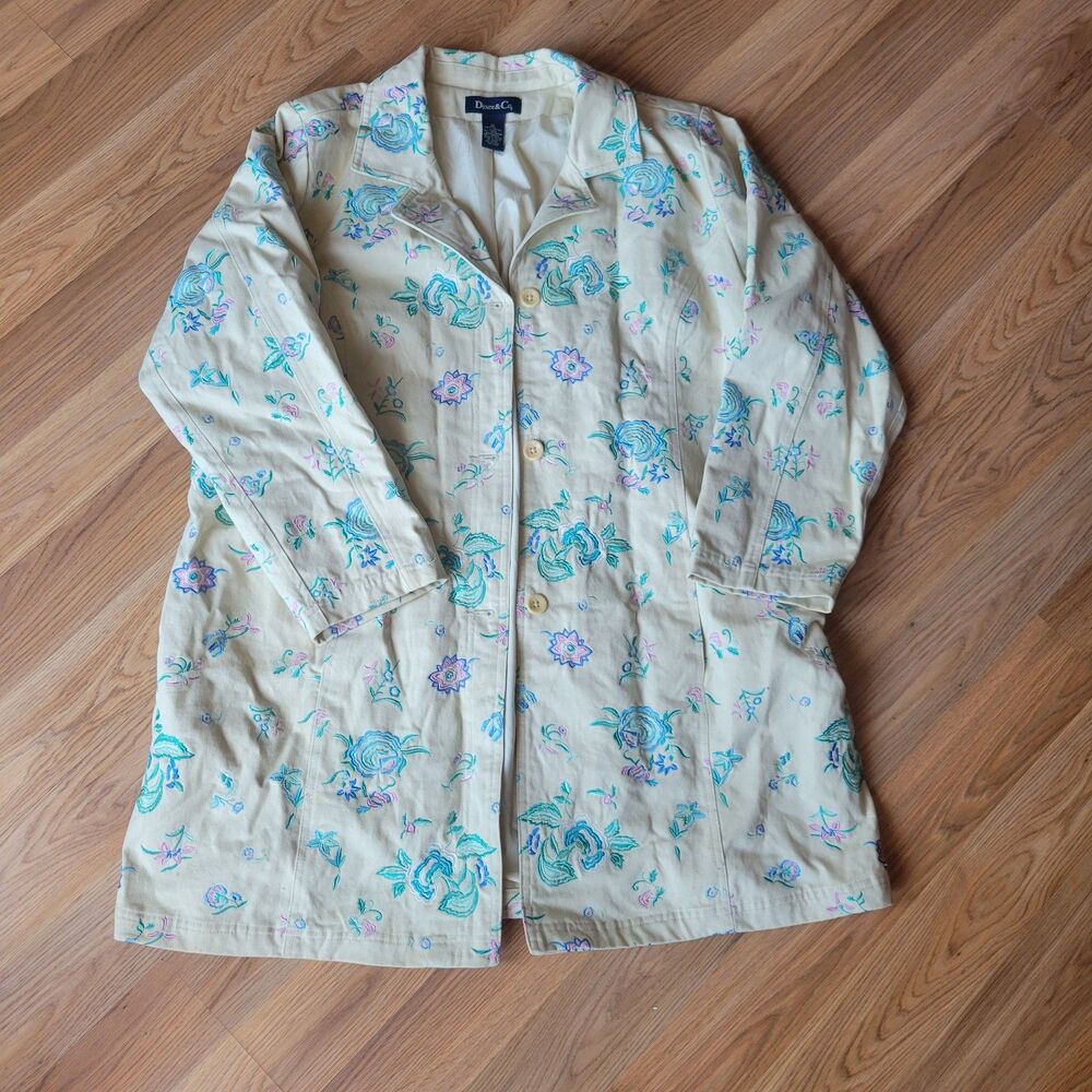 Vintage 80s 90s Denim & Co Cream Floral Long Duster Jacket Day Coat 1X